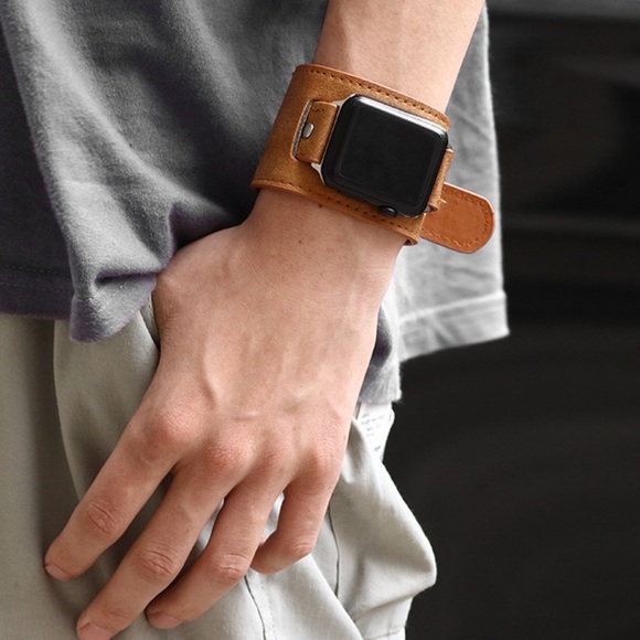 Caramel Brown Double Cuff Leather Watchband for Apple iWatch - Picture 2 of 15